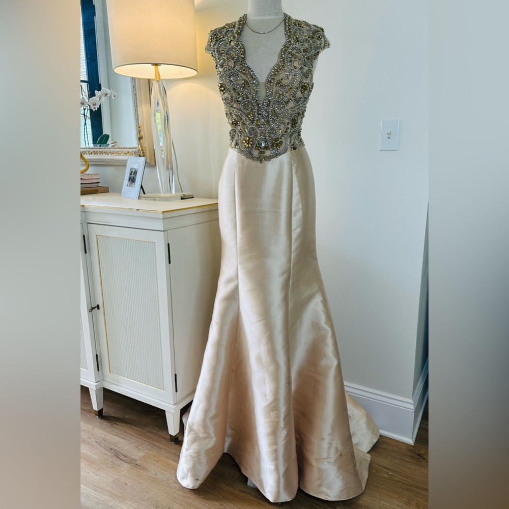 Jovani Embellished Gold and Pearl Beaded Bodice Evening Dress
